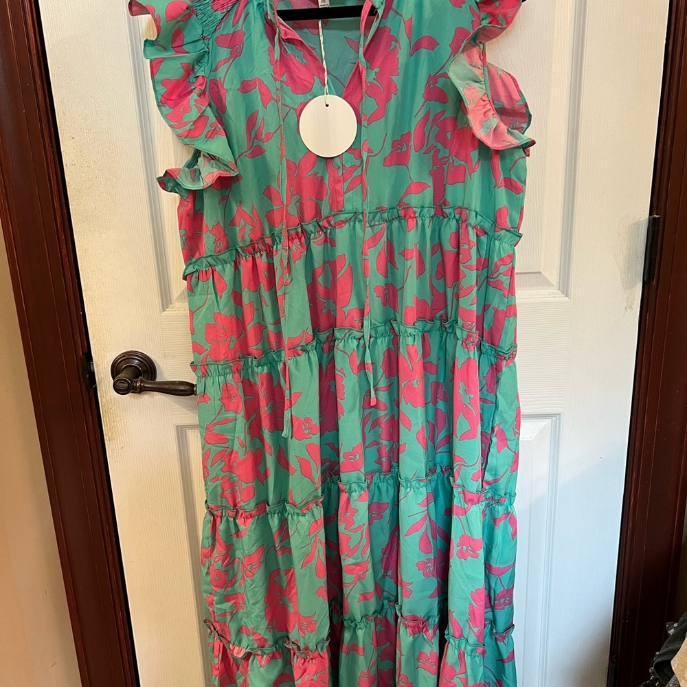 Umgee Pink and Green Tiered Sundress with Flutter Sleeves